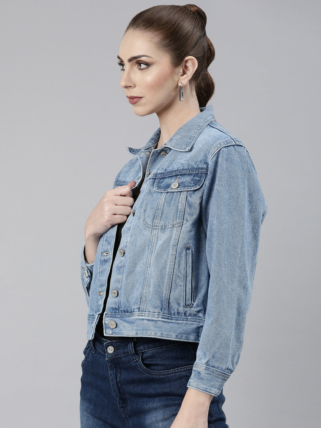 Women Blue Solid Denim Jacket