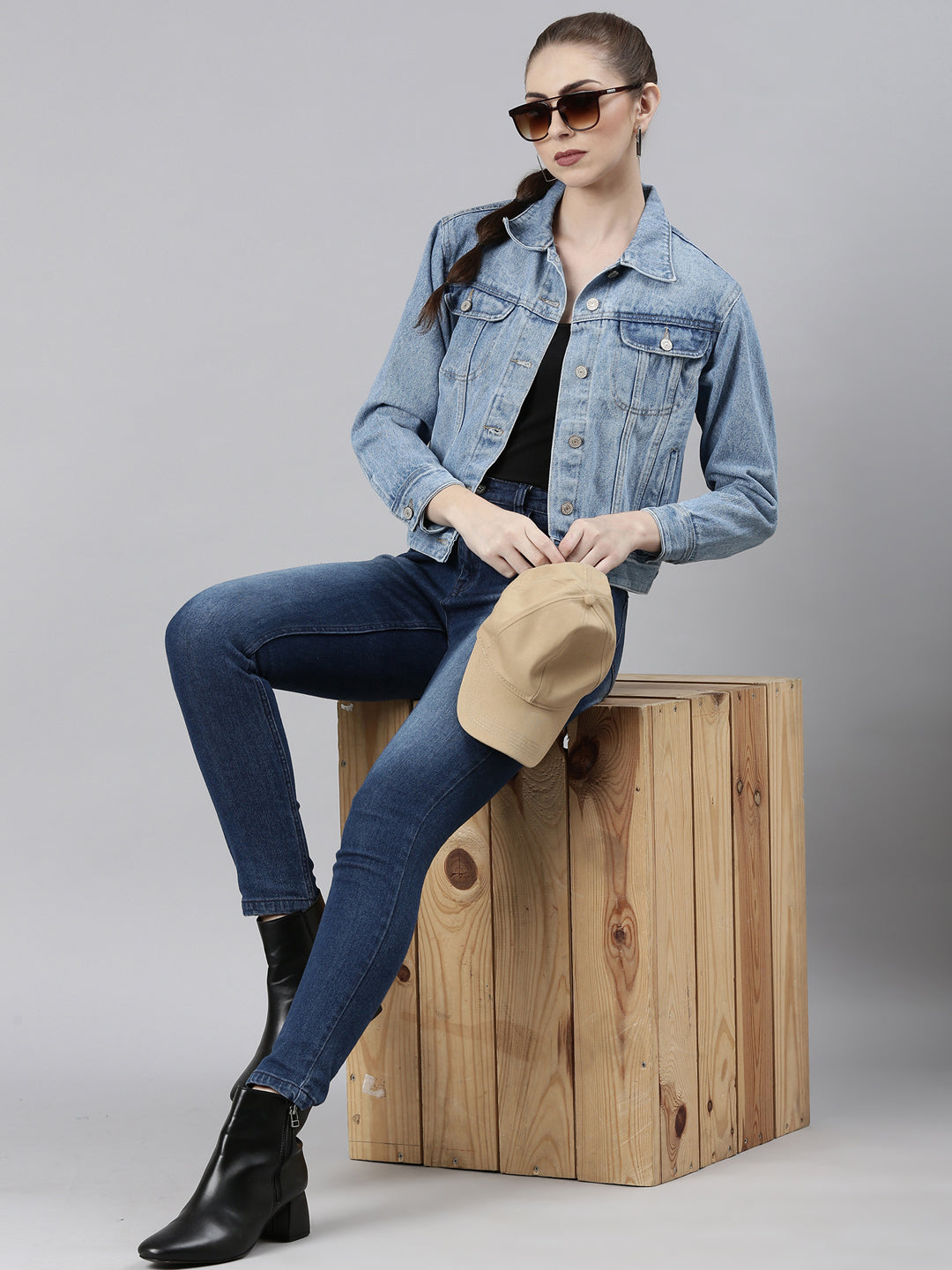 Women Blue Solid Denim Jacket