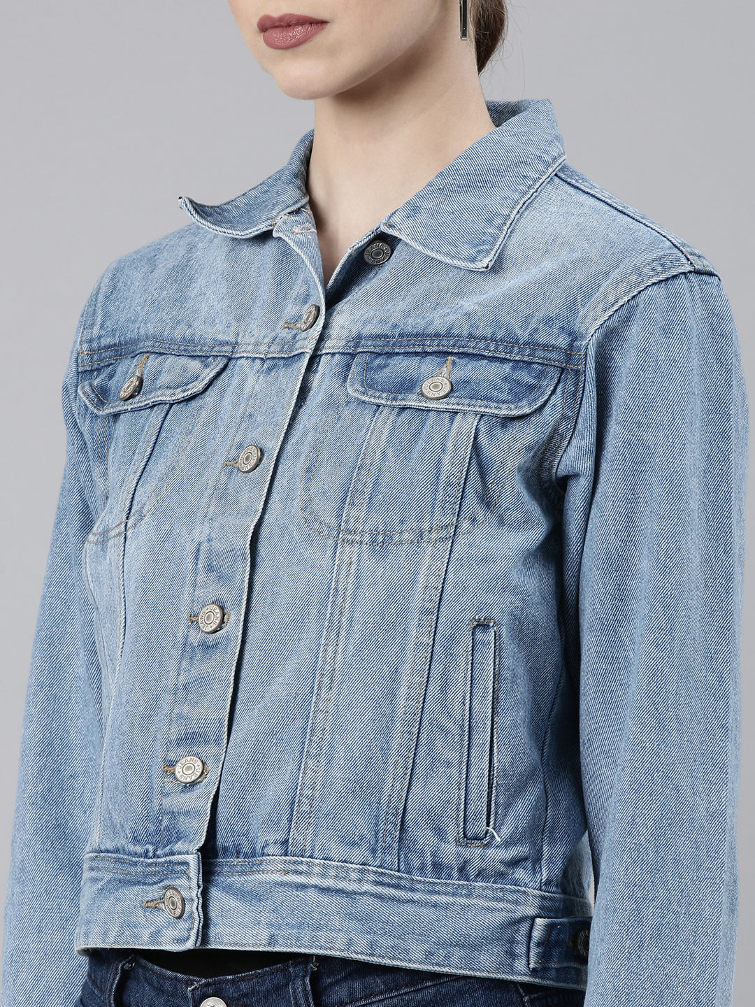 Women Blue Solid Denim Jacket