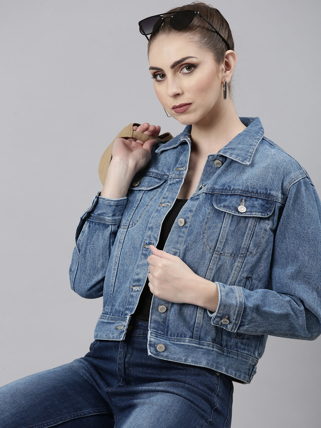 Women Blue Solid Denim Jacket