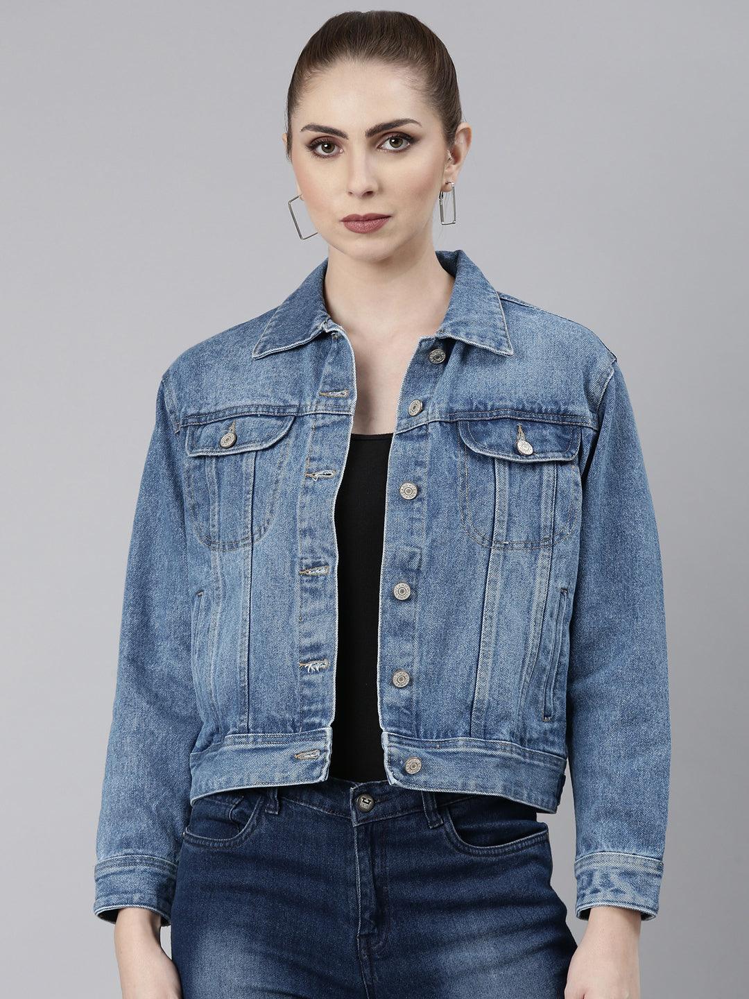 Women Blue Solid Denim Jacket