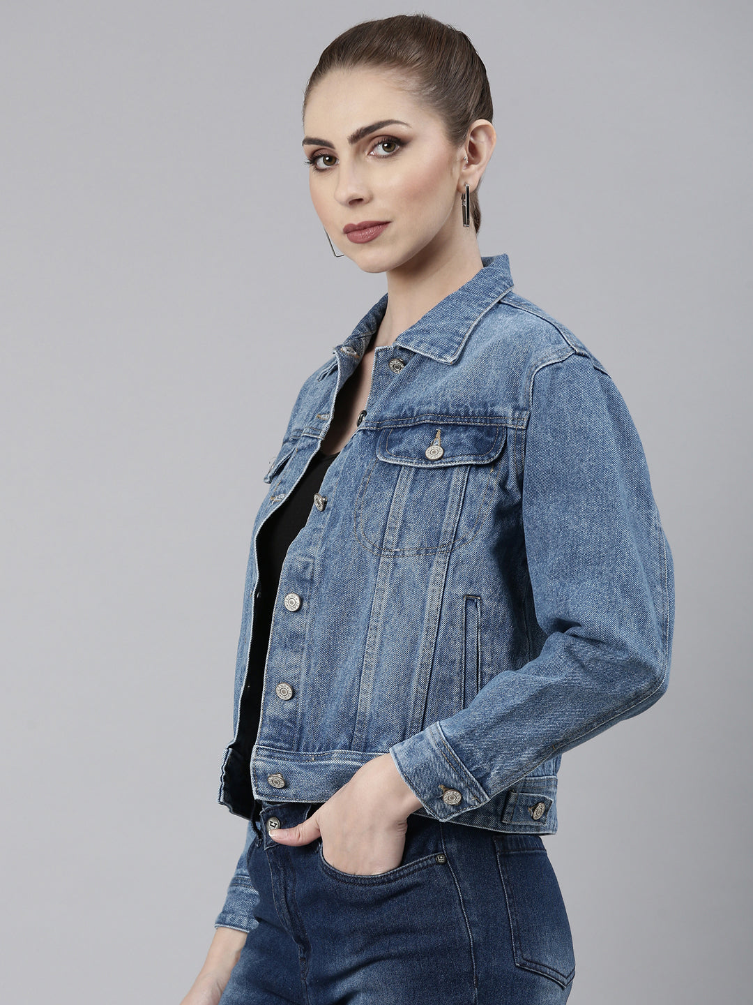 Women Blue Solid Denim Jacket