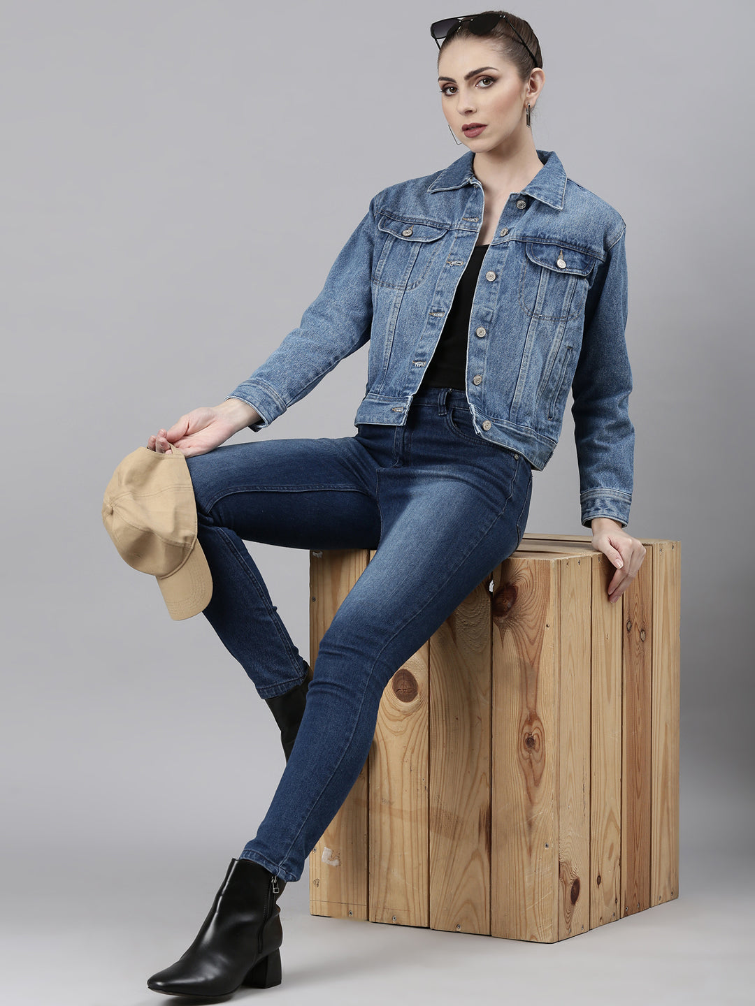 Women Blue Solid Denim Jacket