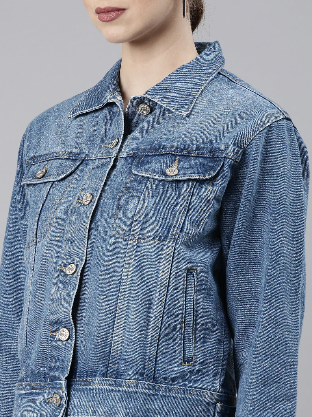 Women Blue Solid Denim Jacket