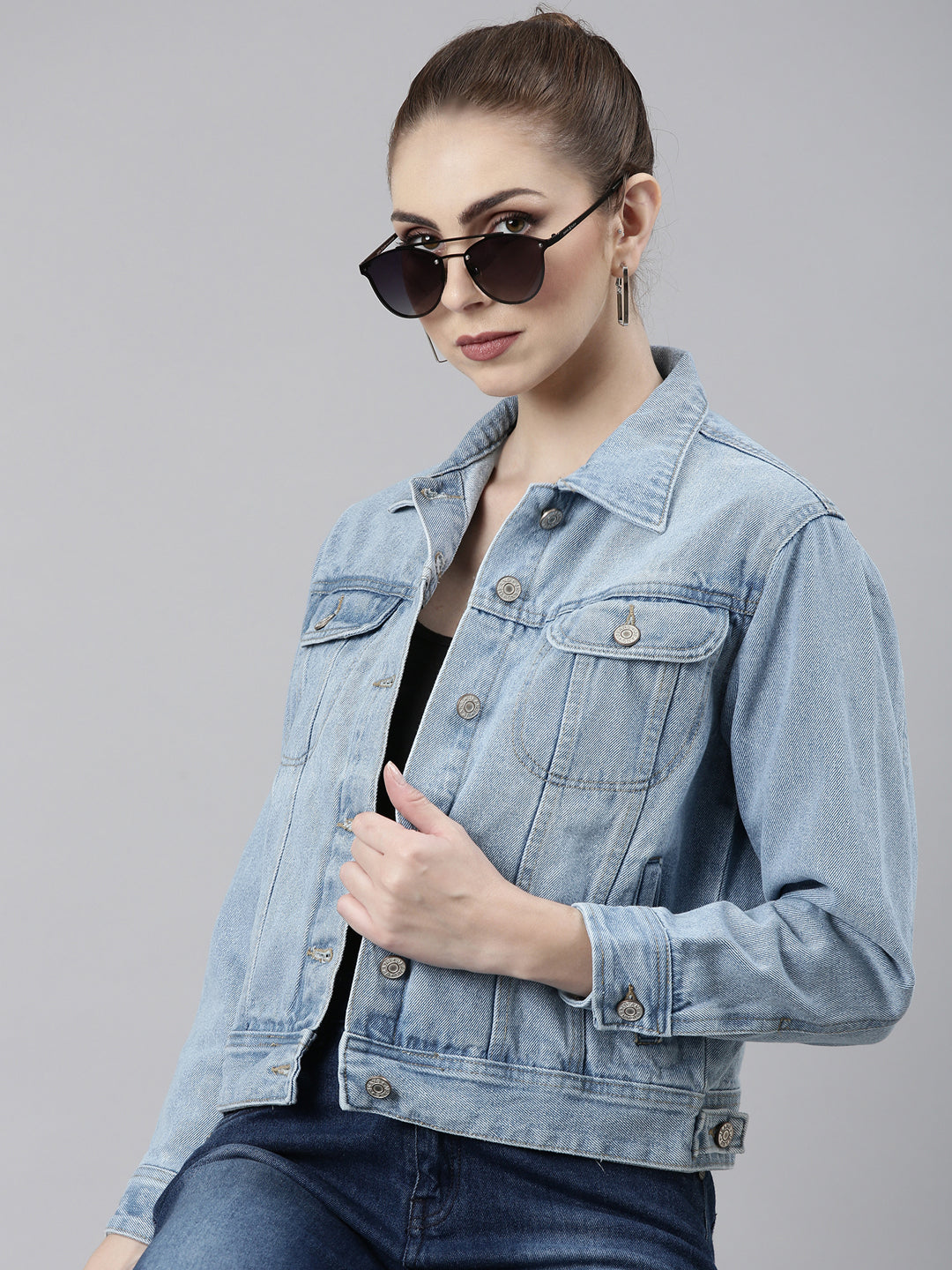 Women Blue Solid Denim Jacket