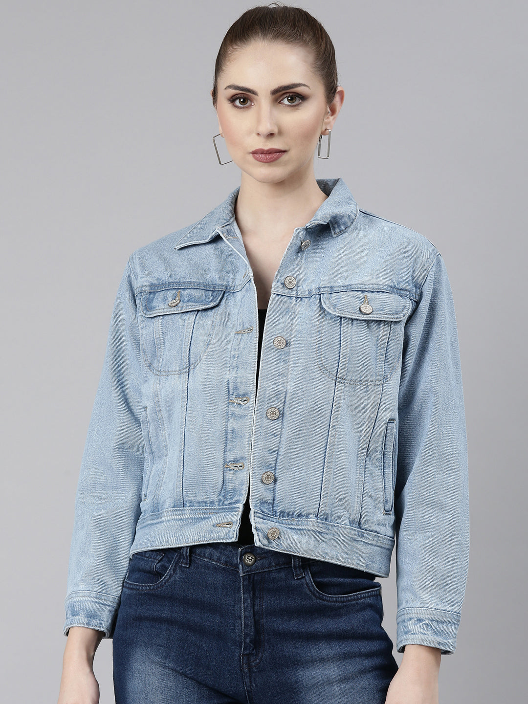 Women Blue Solid Denim Jacket