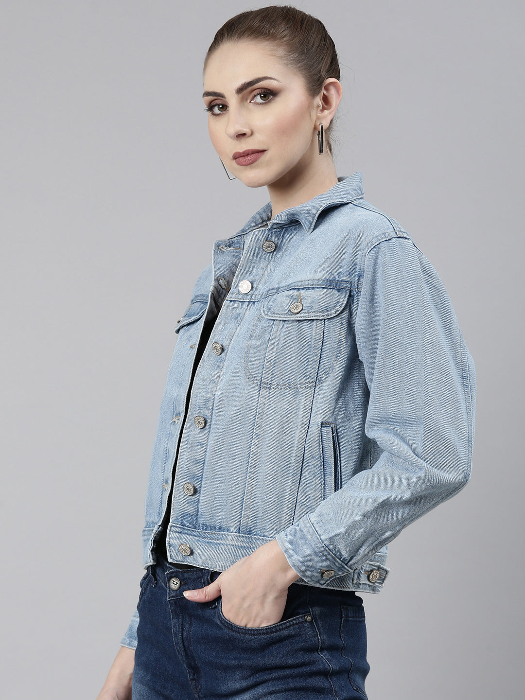 Women Blue Solid Denim Jacket