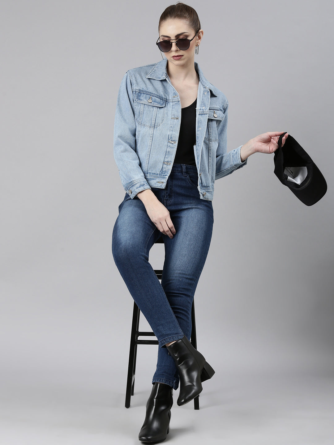 Women Blue Solid Denim Jacket