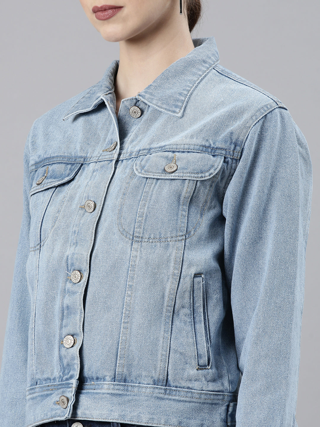 Women Blue Solid Denim Jacket