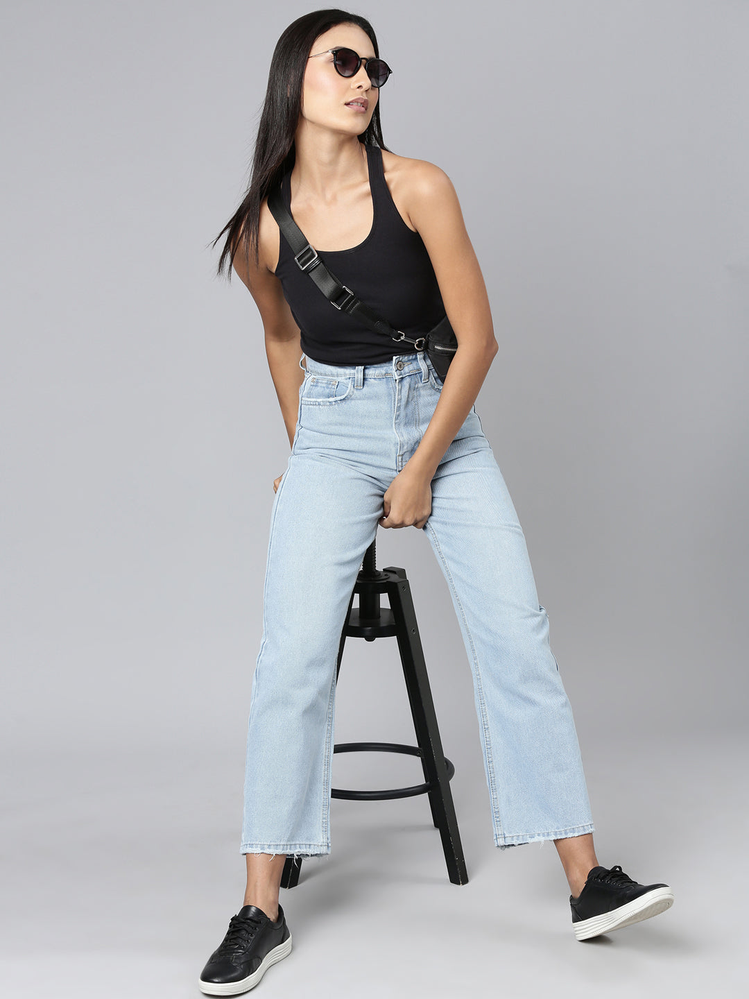 Women Solid Blue Wide Leg Denim Jeans