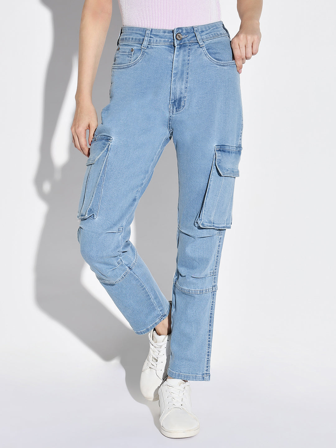 Women Blue Straight Fit Cargo Jeans