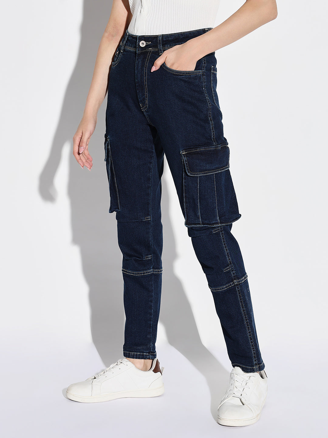 Women Navy Blue Straight Fit Cargo Jeans