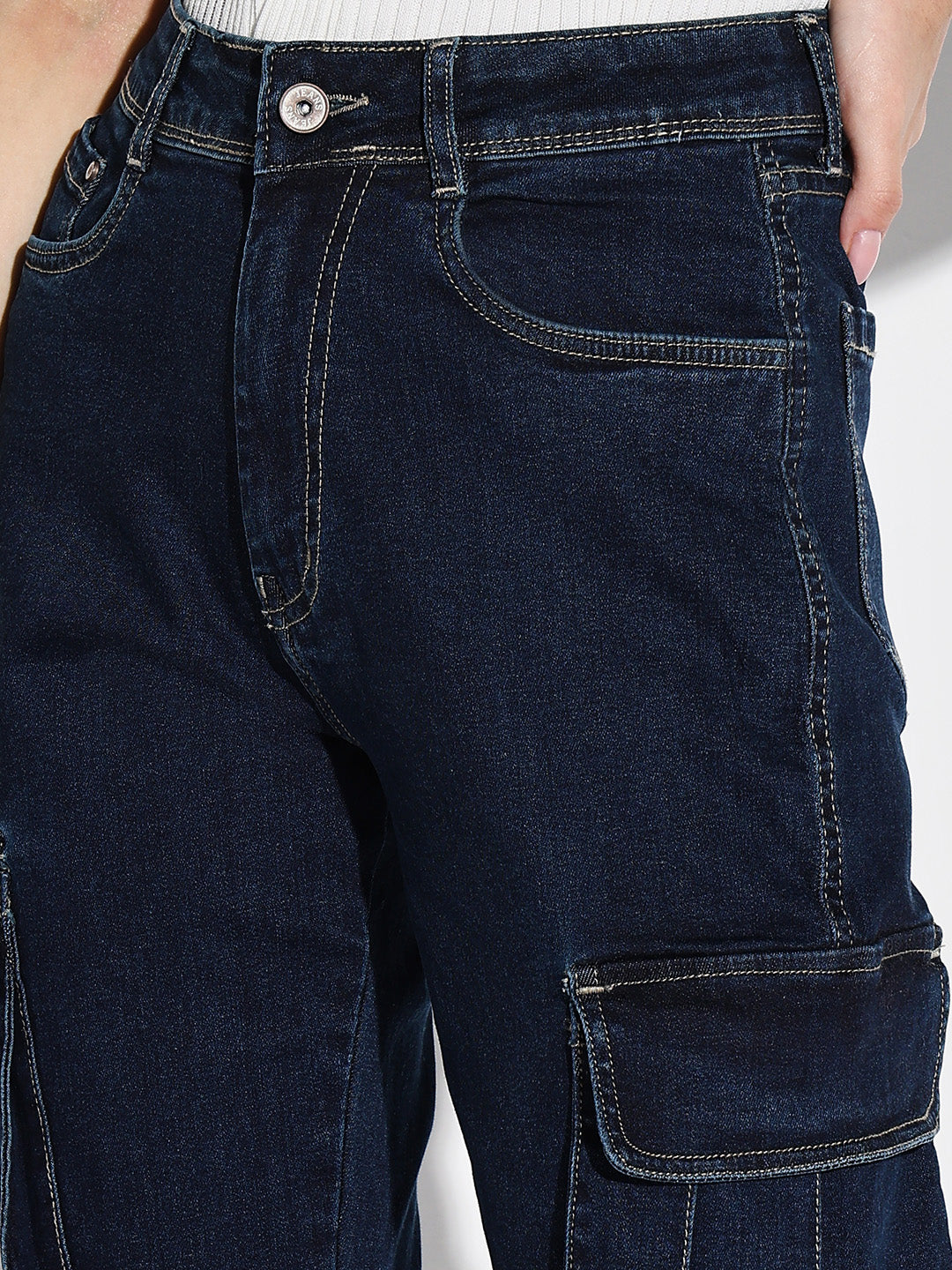 Women Navy Blue Straight Fit Cargo Jeans