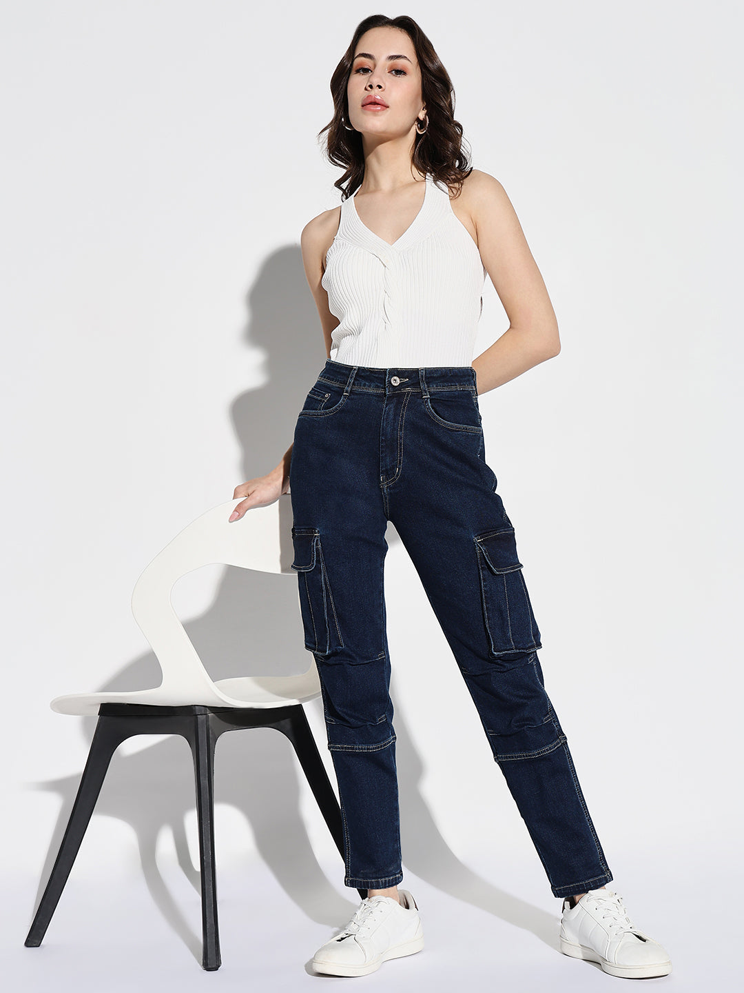 Women Navy Blue Straight Fit Cargo Jeans