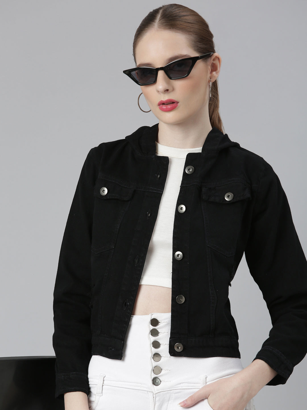 Women Black Solid Denim Jacket