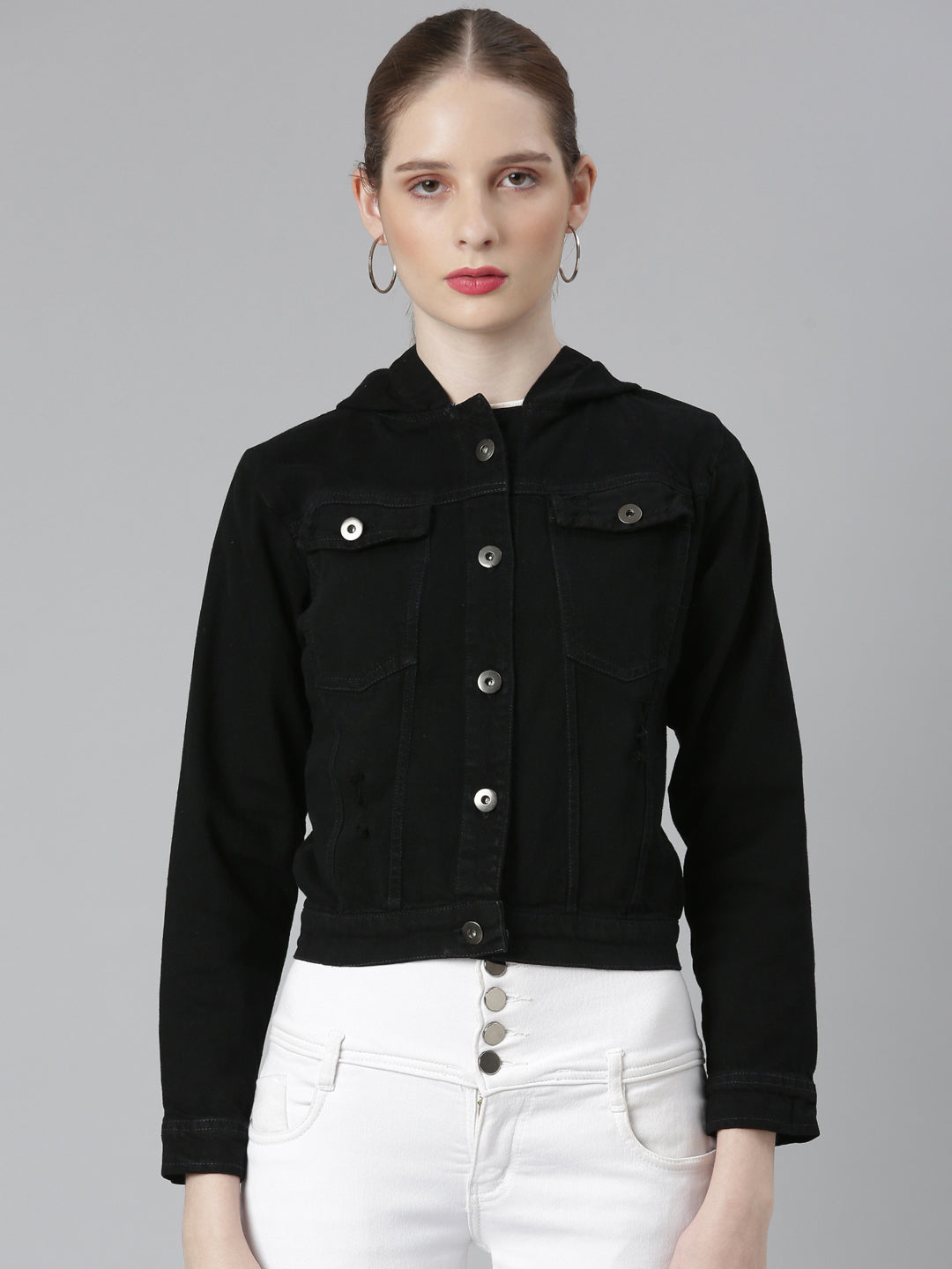 Women Black Solid Denim Jacket