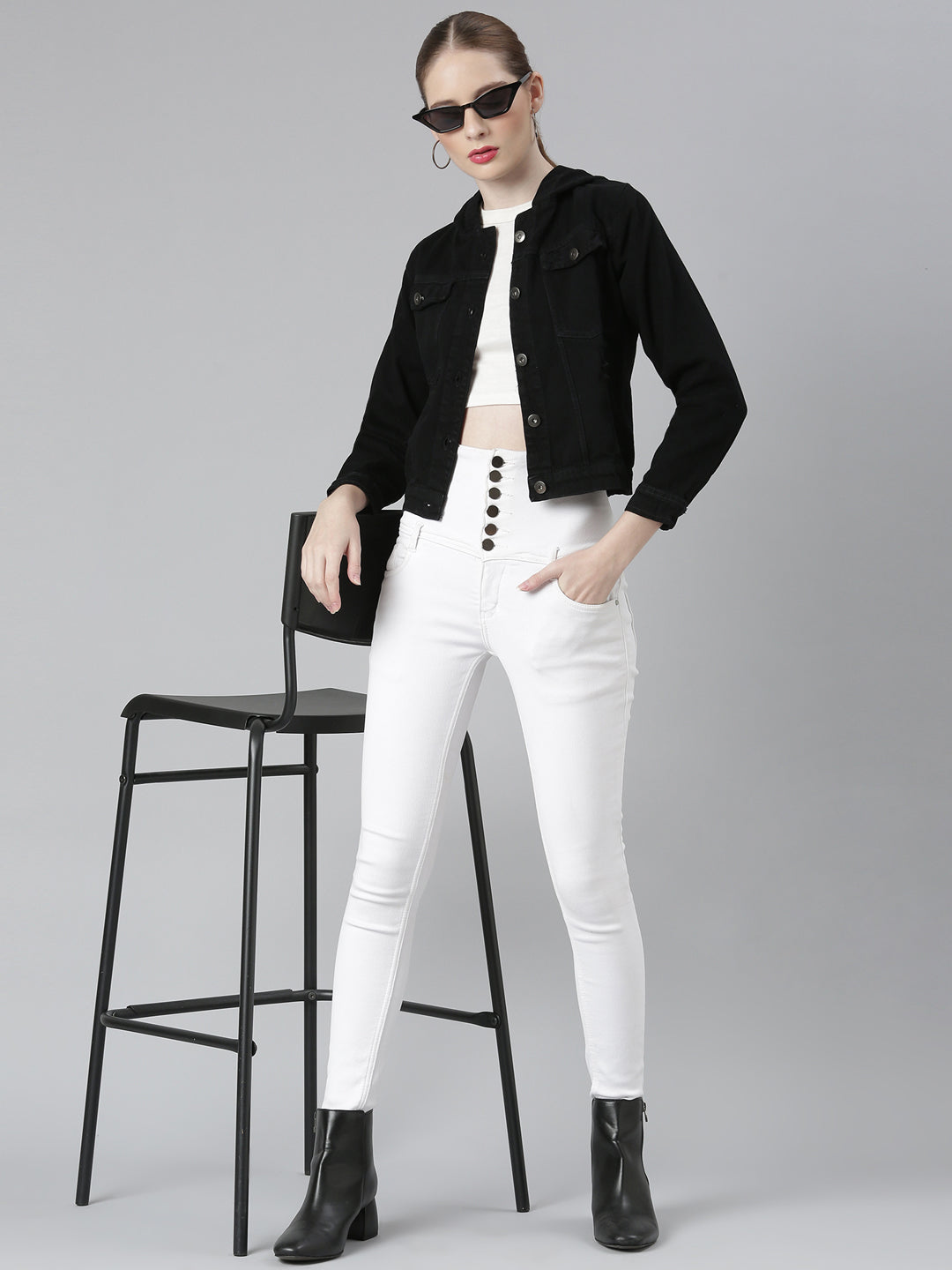 Women Black Solid Denim Jacket