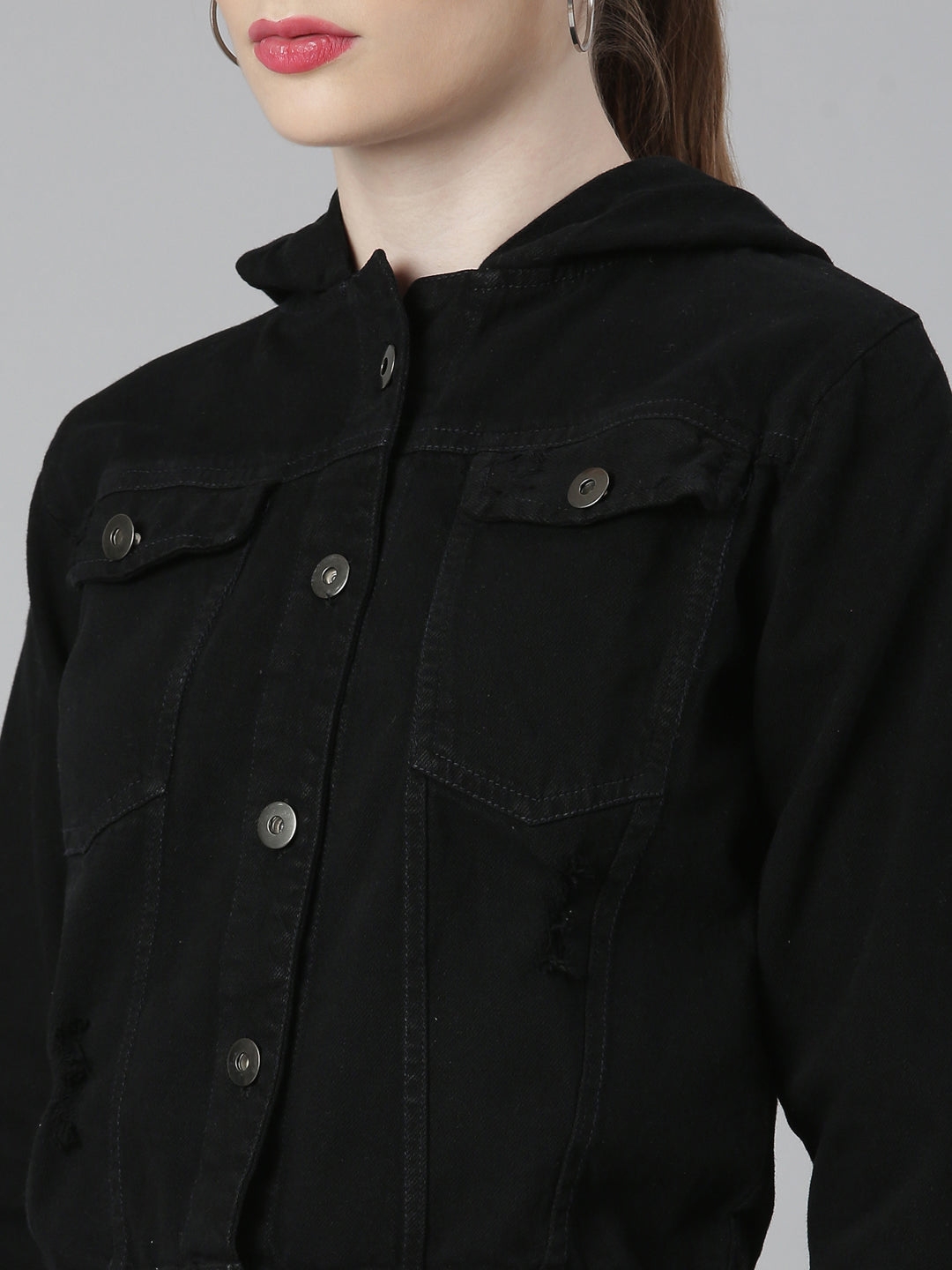 Women Black Solid Denim Jacket