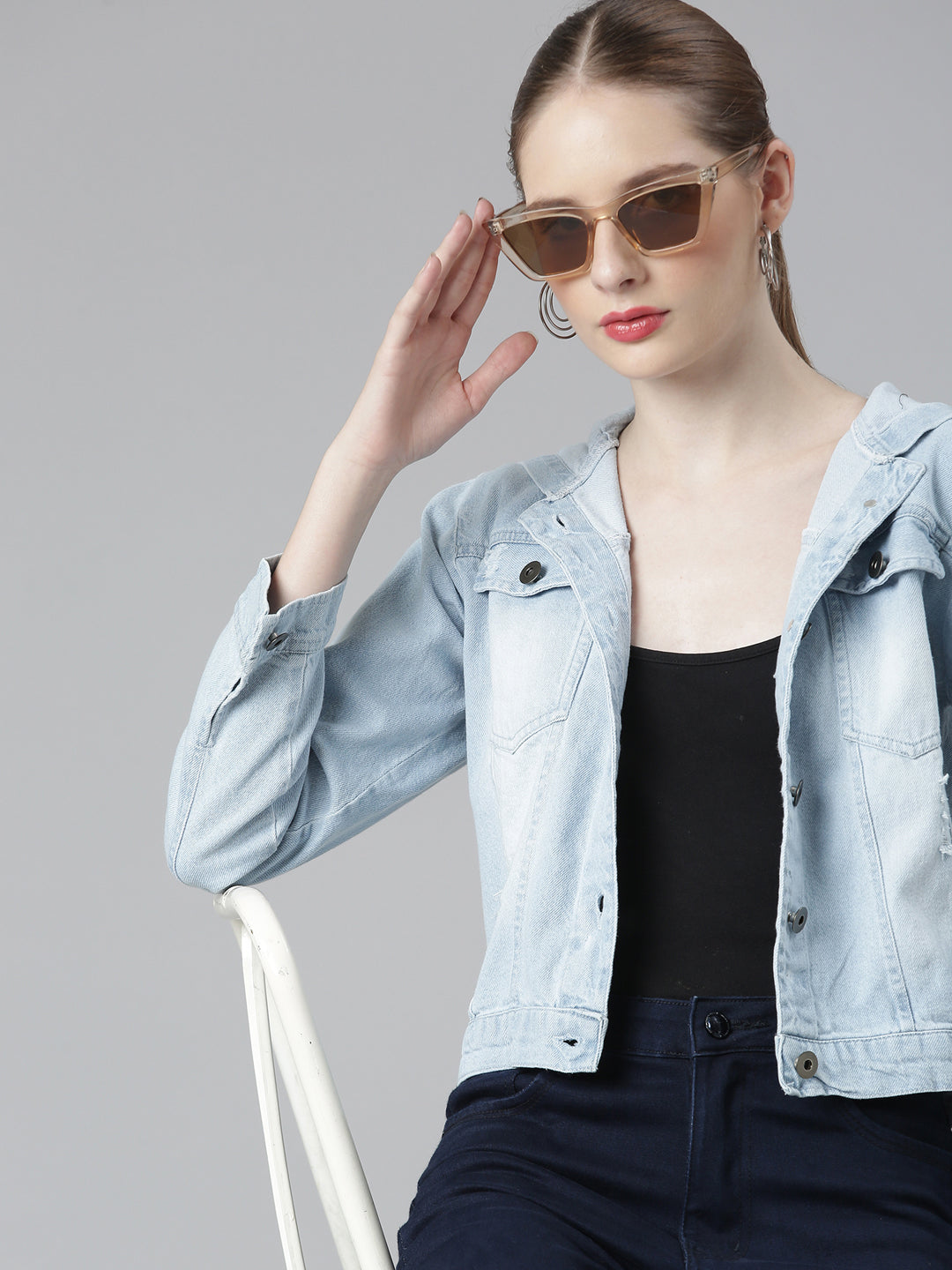 Women Blue Solid Denim Jacket