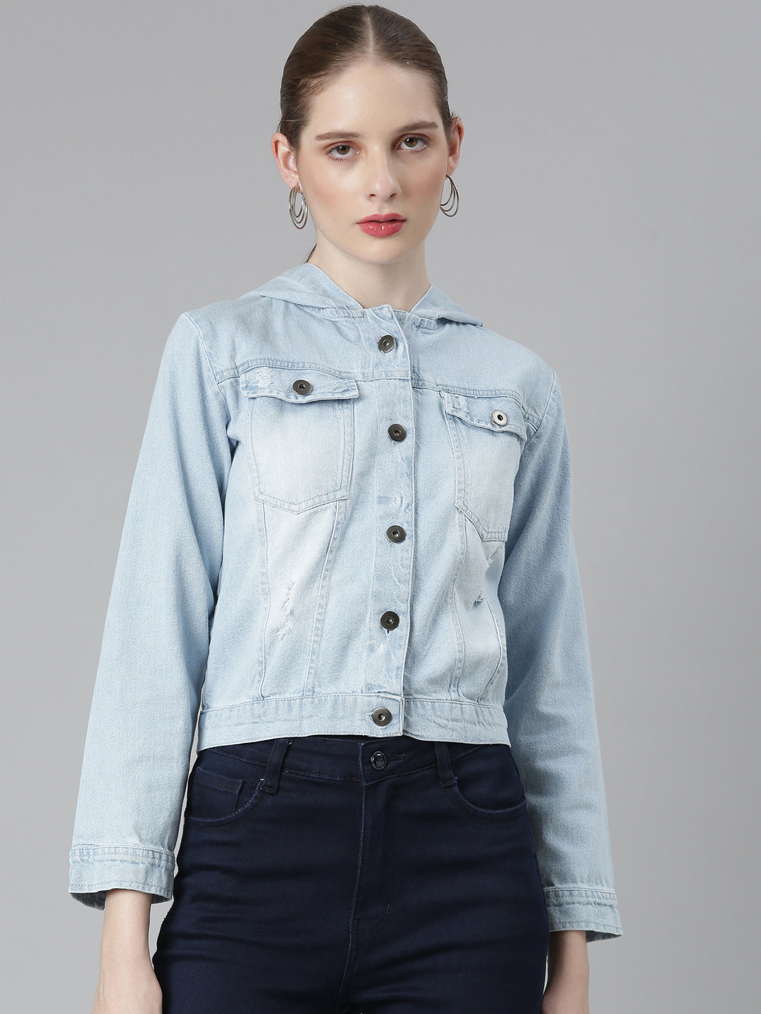 Women Blue Solid Denim Jacket