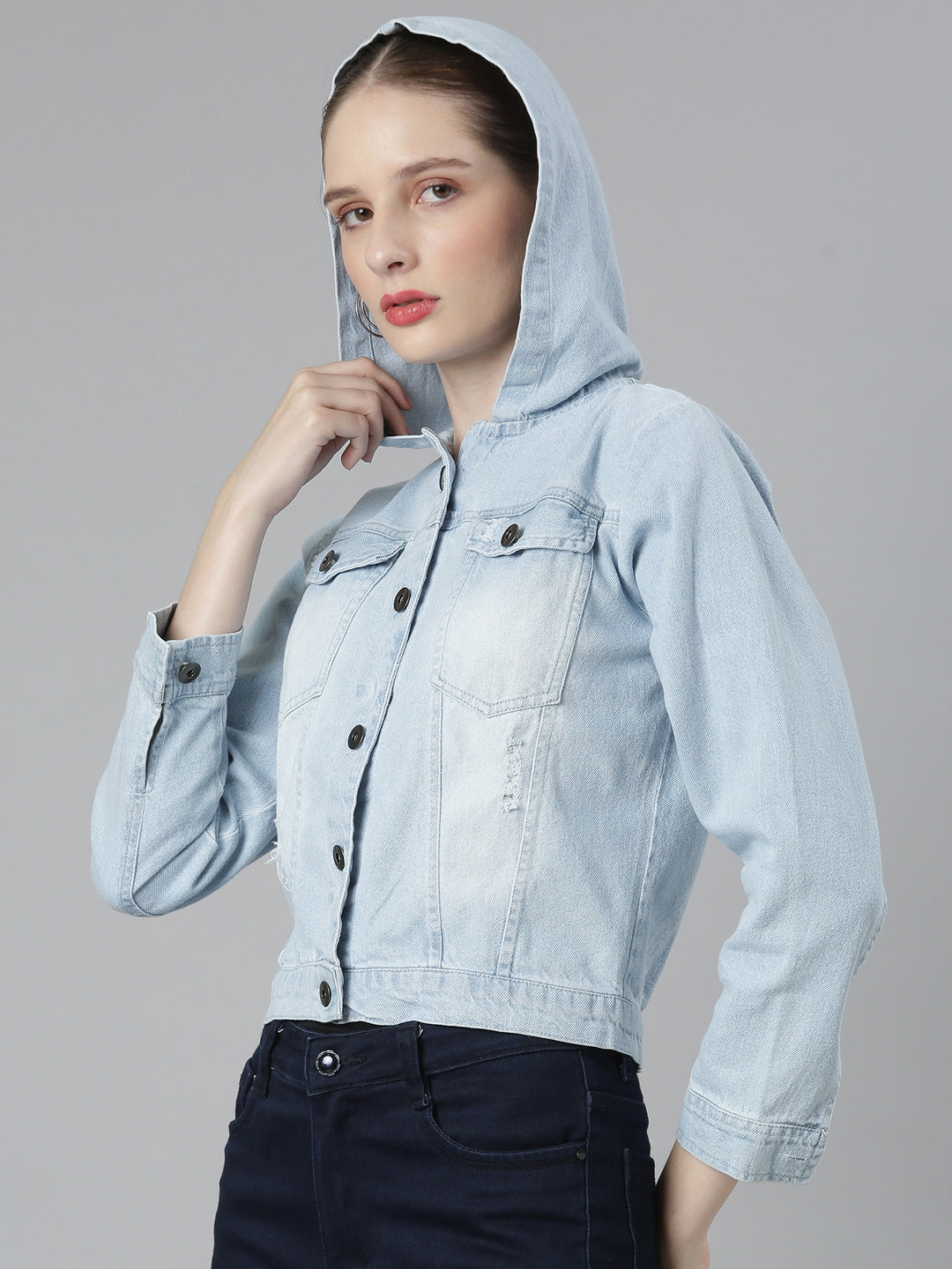 Women Blue Solid Denim Jacket