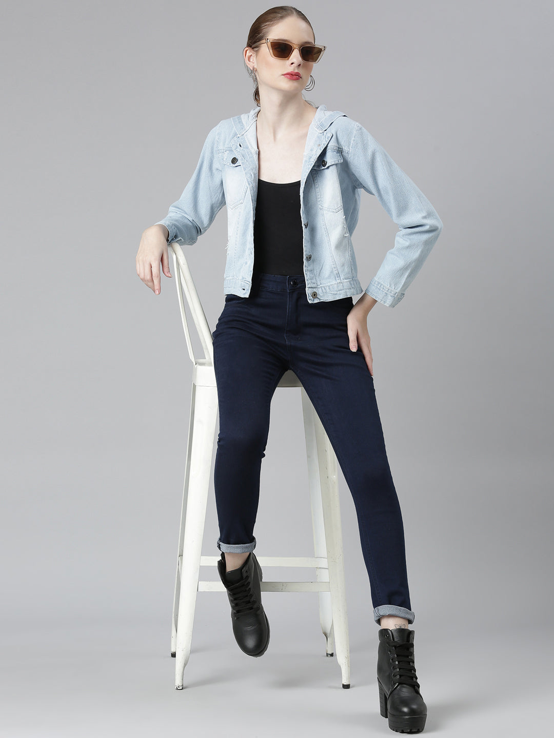 Women Blue Solid Denim Jacket