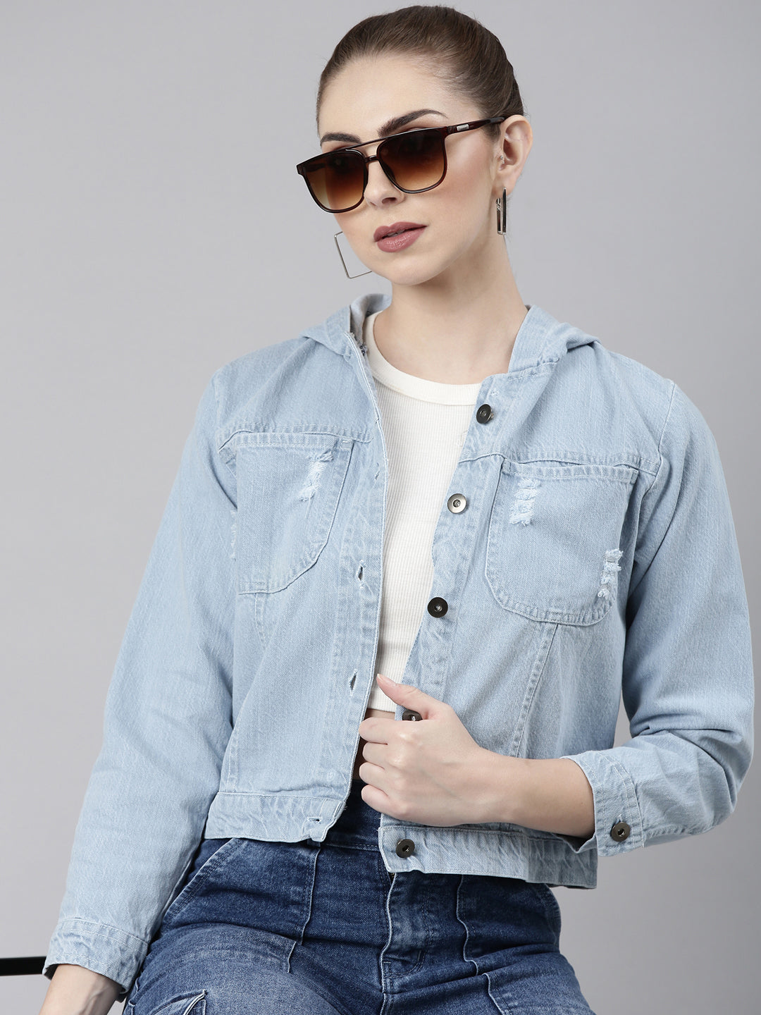 Women Blue Solid Denim Jacket