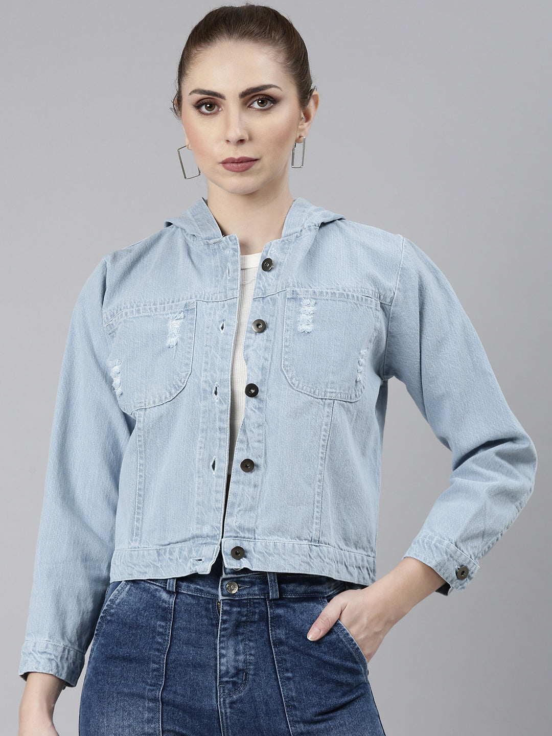 Women Blue Solid Denim Jacket