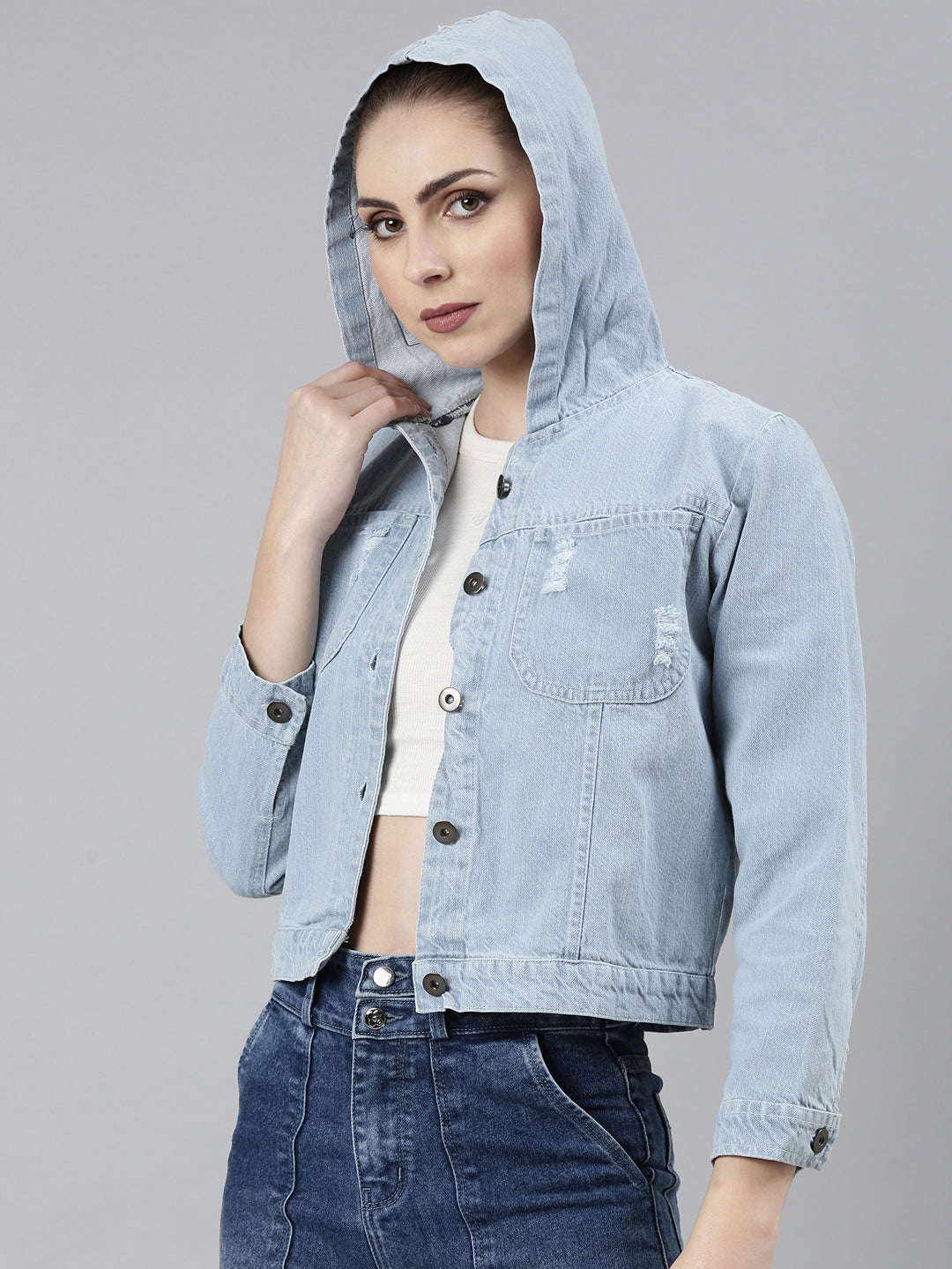 Women Blue Solid Denim Jacket