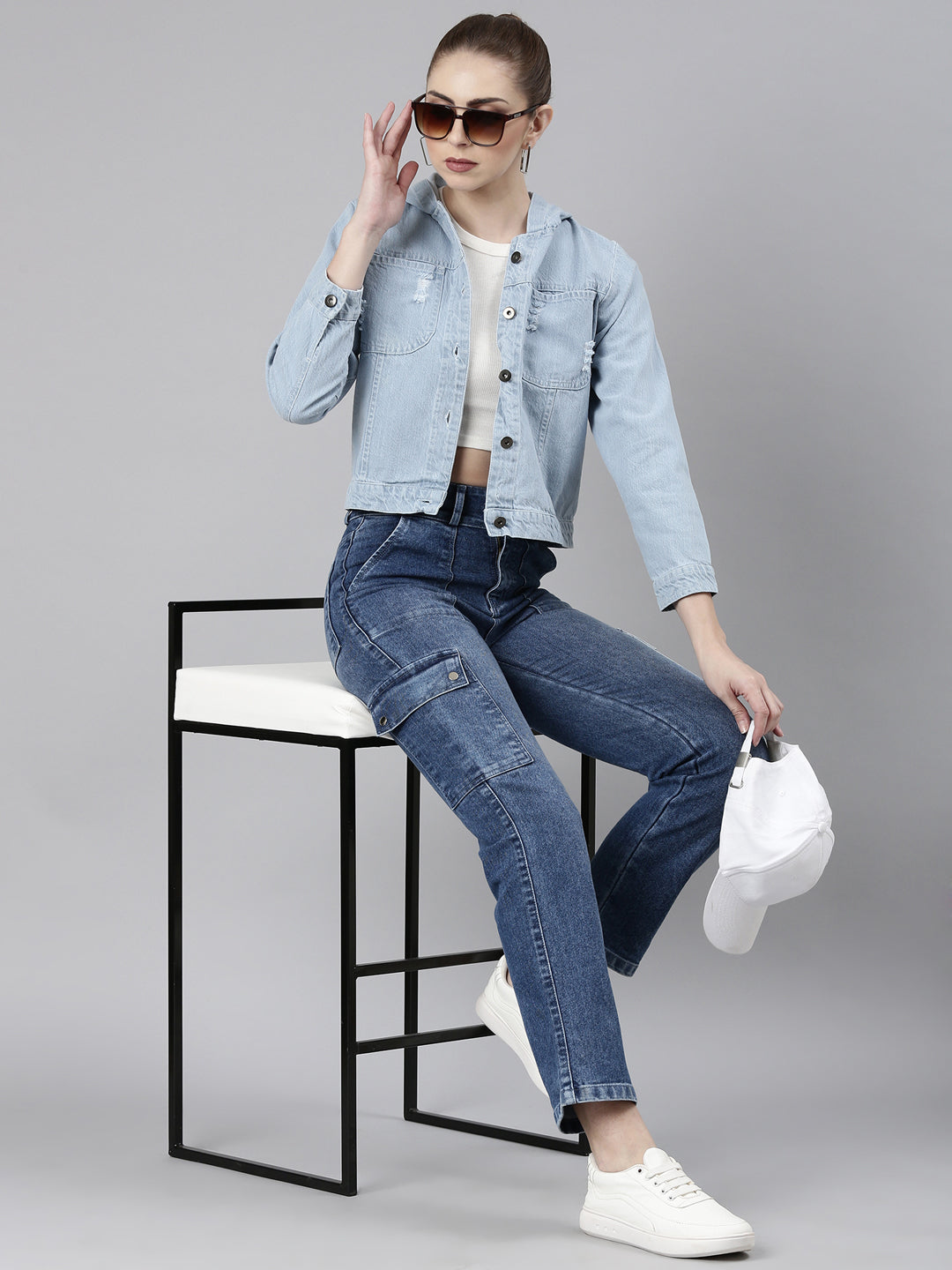 Women Blue Solid Denim Jacket