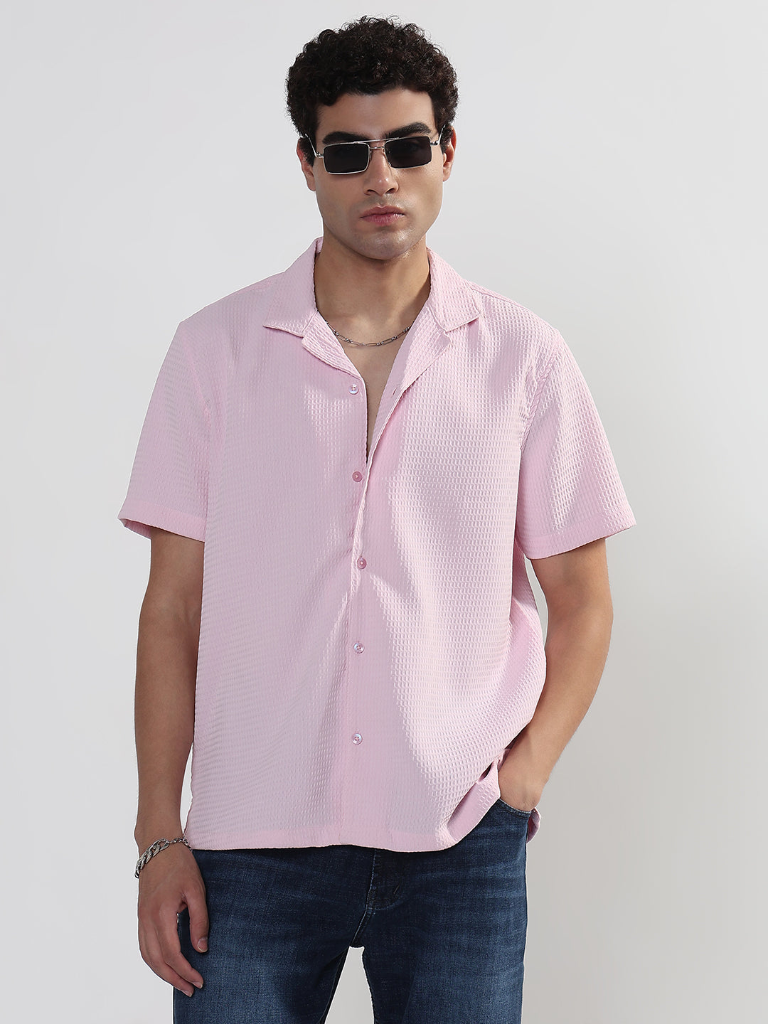 Men's Textured Pink Cuban Collar Relaxed Fit Shirt