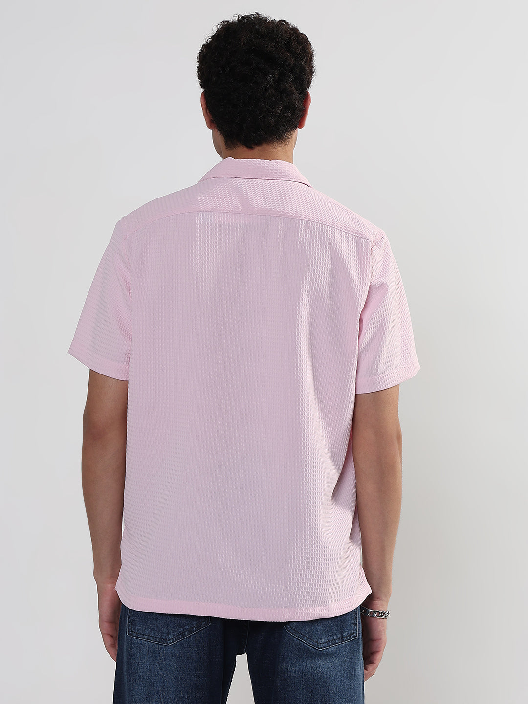 Men's Textured Pink Cuban Collar Relaxed Fit Shirt