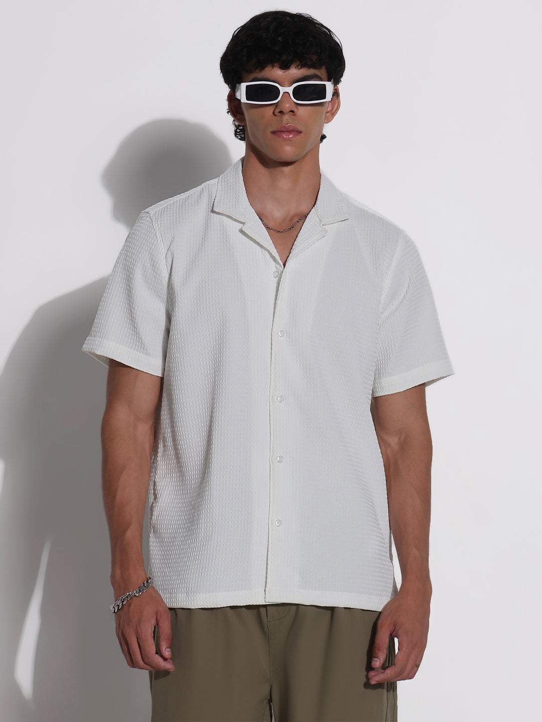 Men's White Textured Cuban Collar Relaxed Fit Shirt