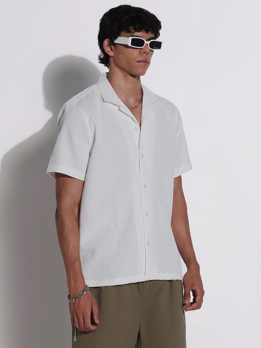 Men's White Textured Cuban Collar Relaxed Fit Shirt