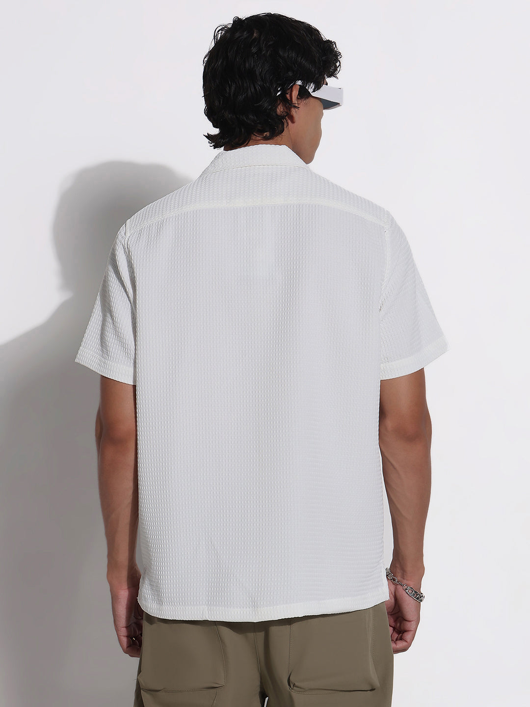 Men's White Textured Cuban Collar Relaxed Fit Shirt