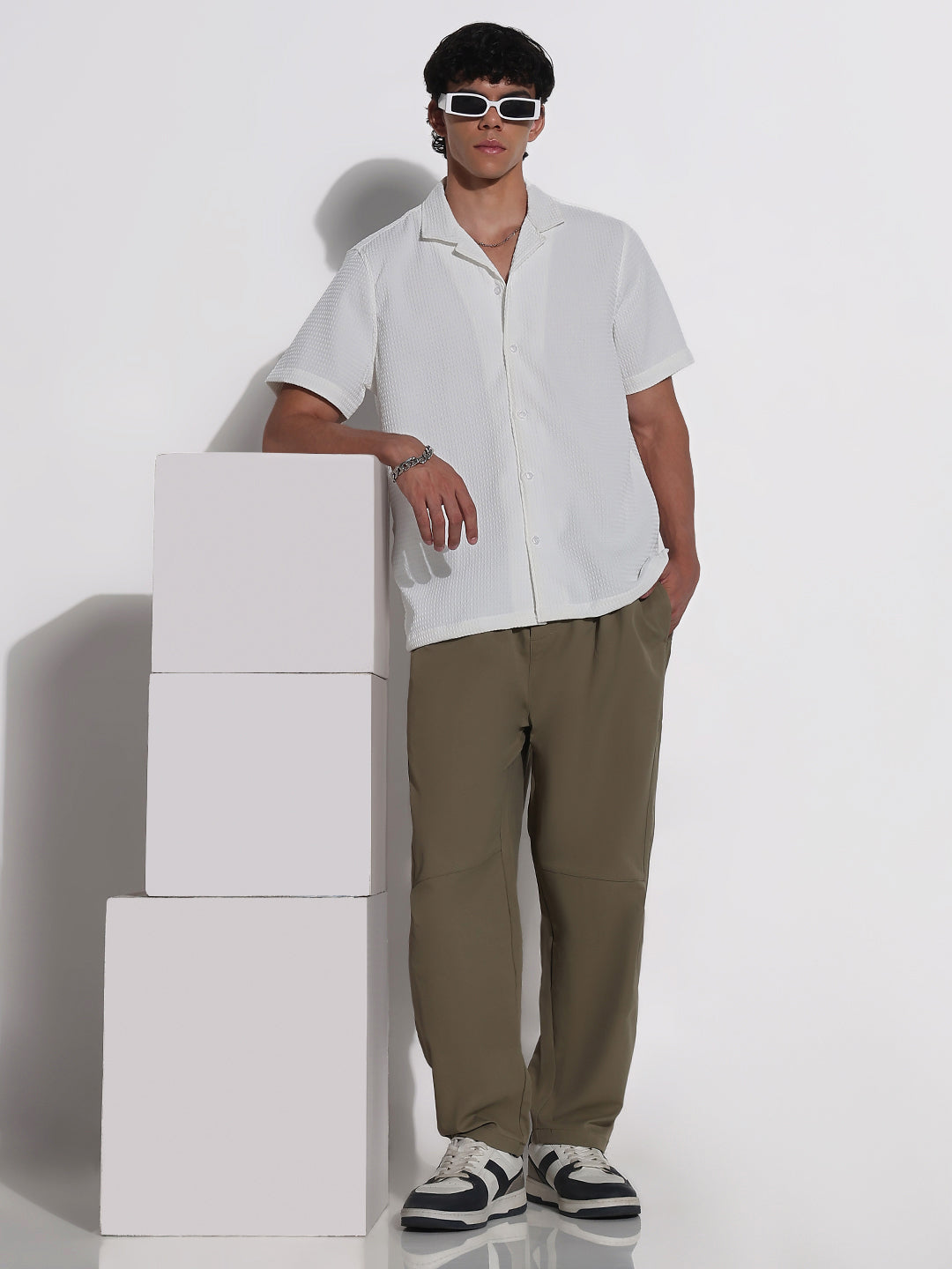 Men's White Textured Cuban Collar Relaxed Fit Shirt