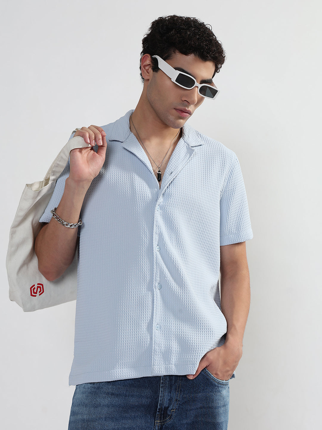 Men's Textured Blue Cuban Collar Relaxed Fit Shirt