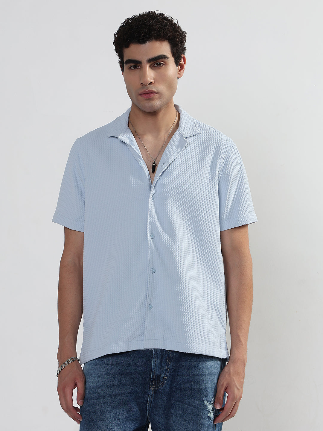 Men's Textured Blue Cuban Collar Relaxed Fit Shirt