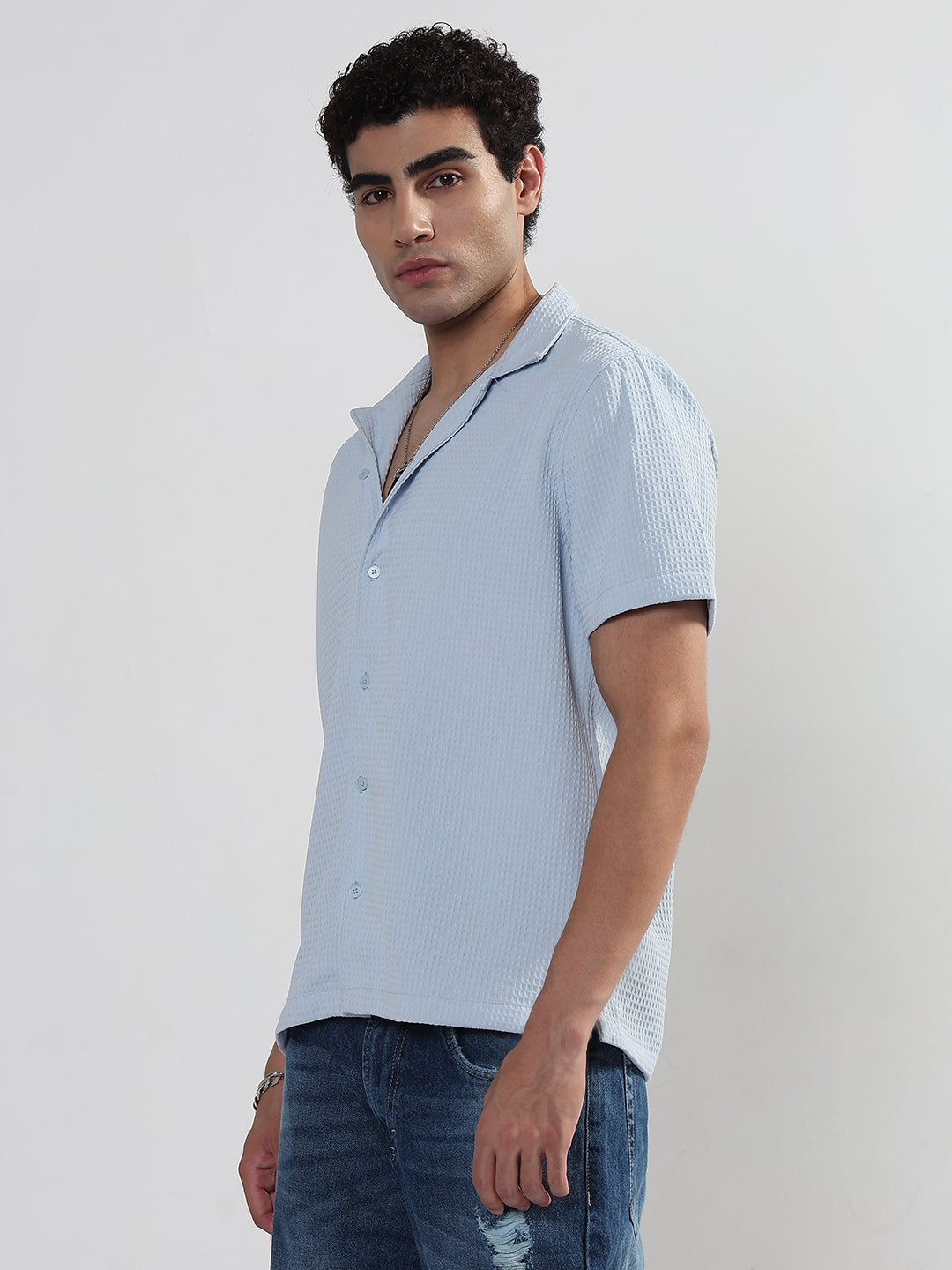 Men's Textured Blue Cuban Collar Relaxed Fit Shirt
