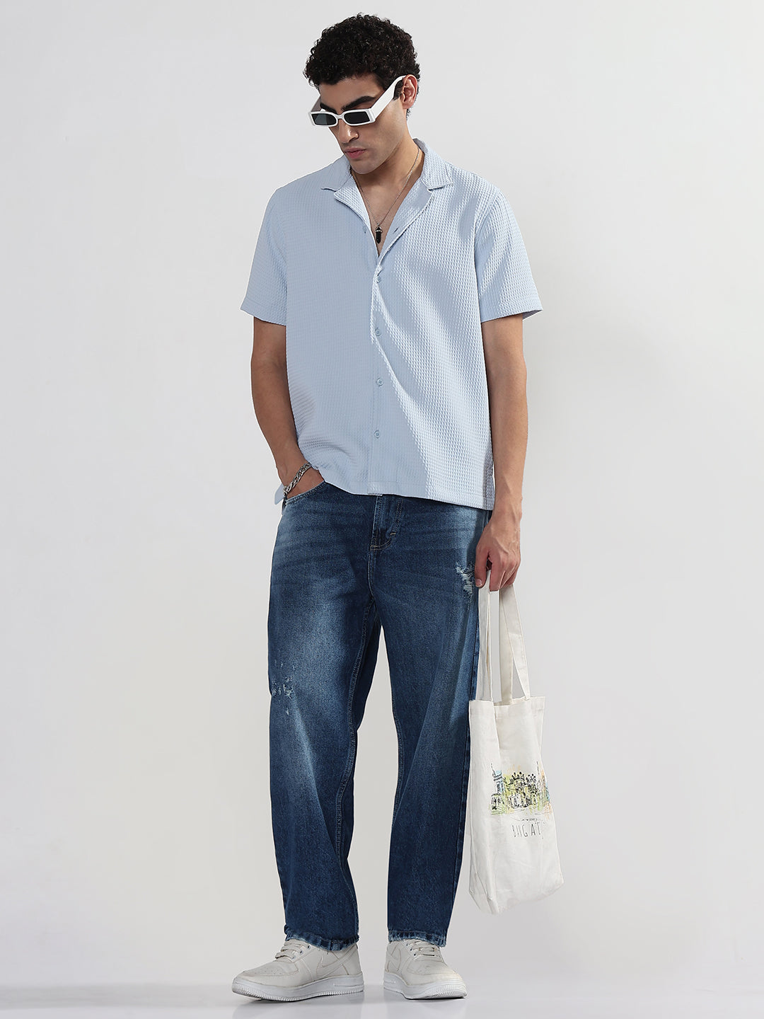 Men's Textured Blue Cuban Collar Relaxed Fit Shirt