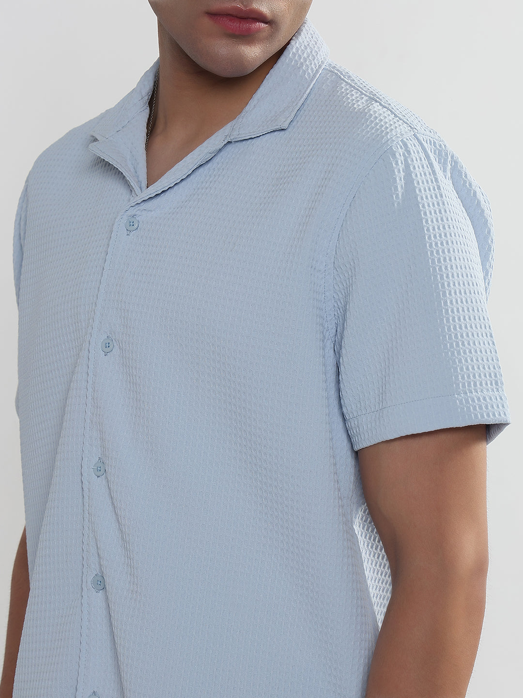 Men's Textured Blue Cuban Collar Relaxed Fit Shirt