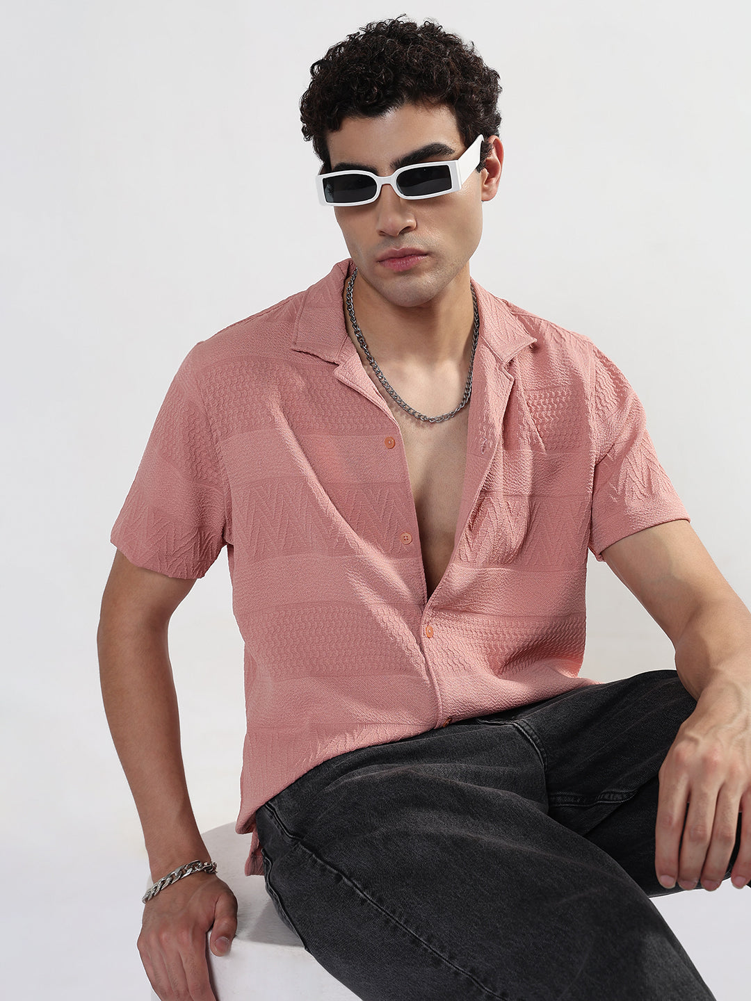 Men's Textured Peach Cuban Collar Relaxed Fit Shirt