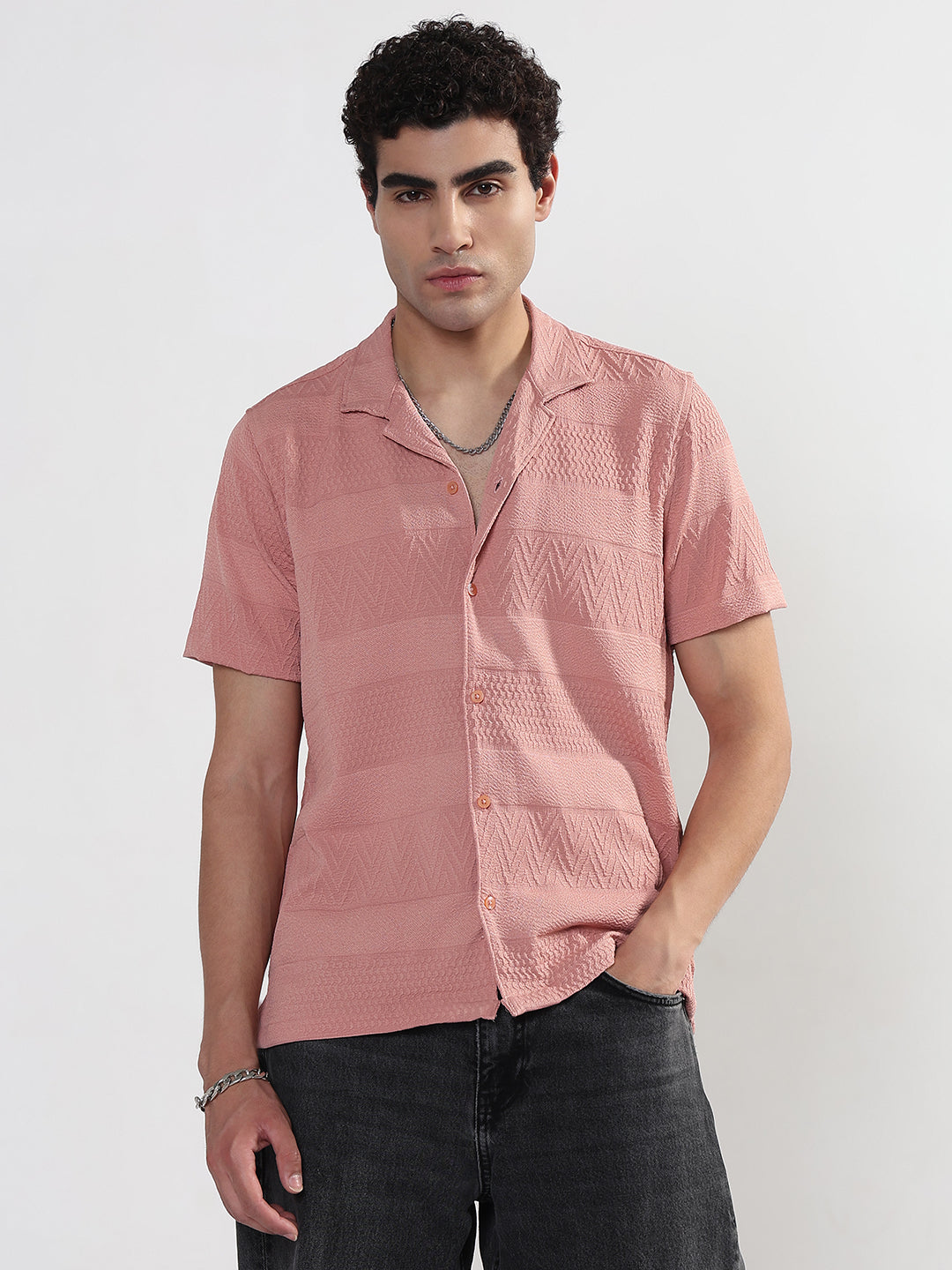Men's Textured Peach Cuban Collar Relaxed Fit Shirt