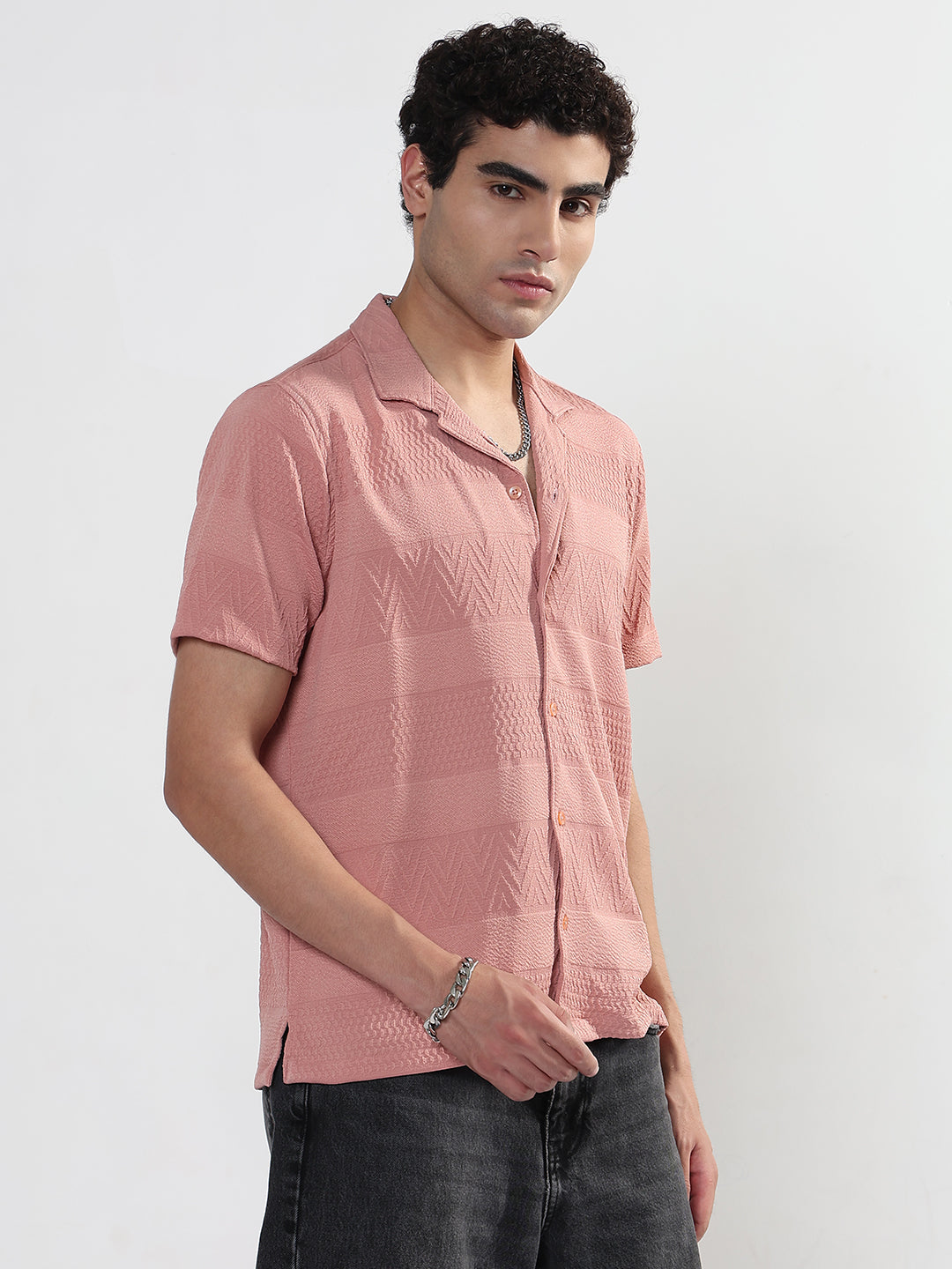 Men's Textured Peach Cuban Collar Relaxed Fit Shirt