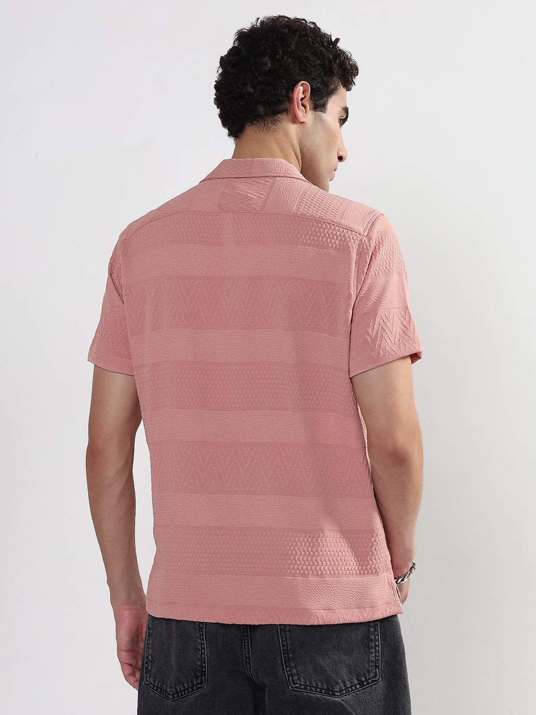 Men's Textured Peach Cuban Collar Relaxed Fit Shirt