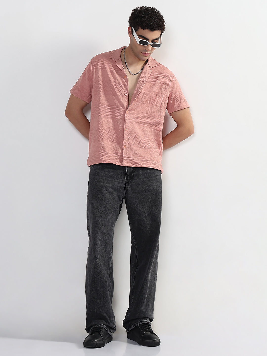 Men's Textured Peach Cuban Collar Relaxed Fit Shirt