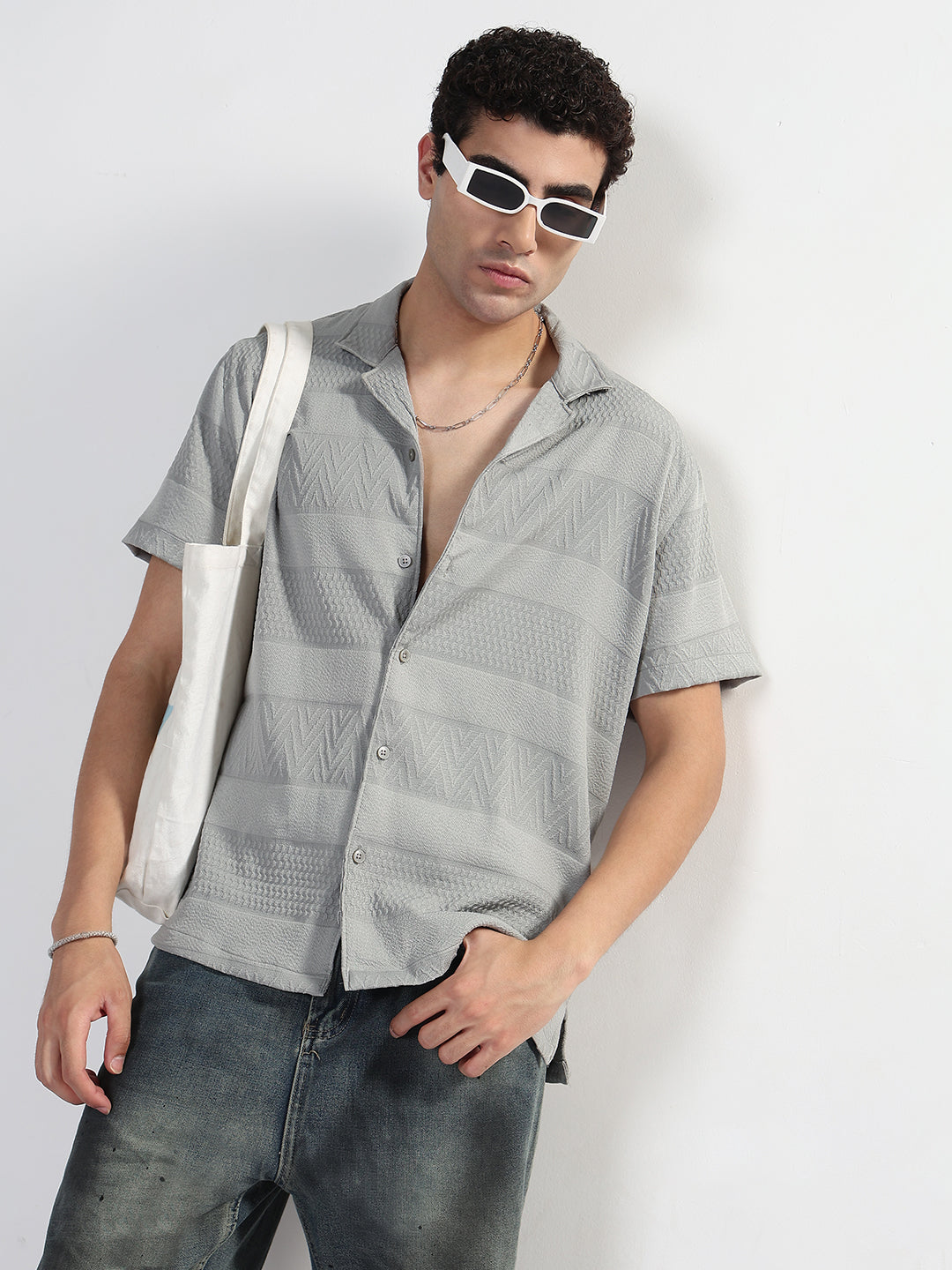Men's Textured Grey Cuban Collar Relaxed Fit Shirt