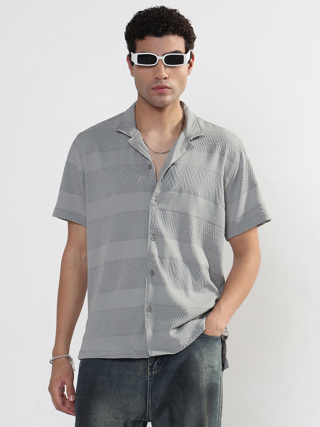 Men's Textured Grey Cuban Collar Relaxed Fit Shirt