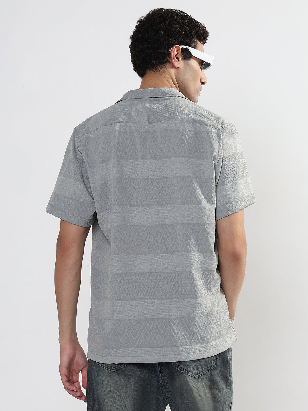 Men's Textured Grey Cuban Collar Relaxed Fit Shirt