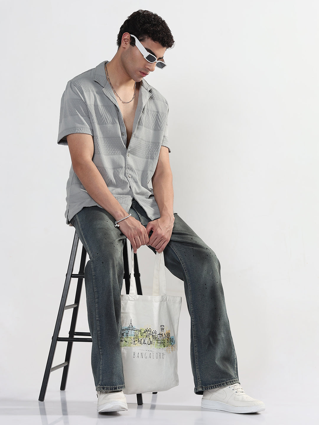 Men's Textured Grey Cuban Collar Relaxed Fit Shirt